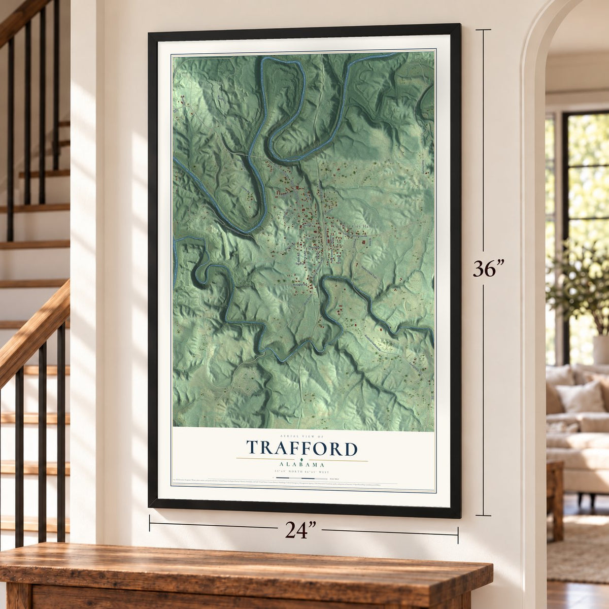 Trafford, Alabama map, 24 x 36 inch print in a black frame by a staircase