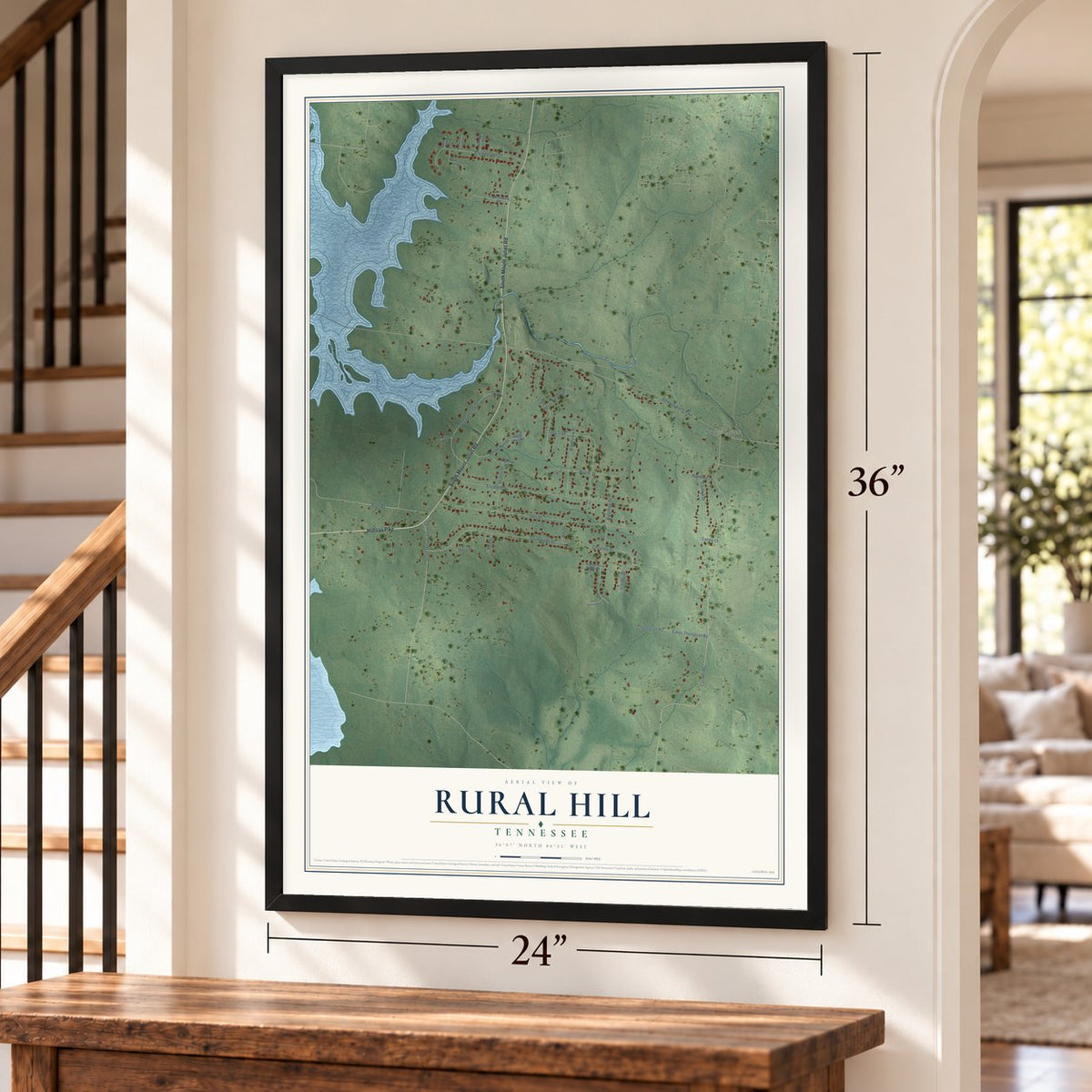 Rural Hill, Tennessee map, 24 x 36 inch print in a black frame by a staircase