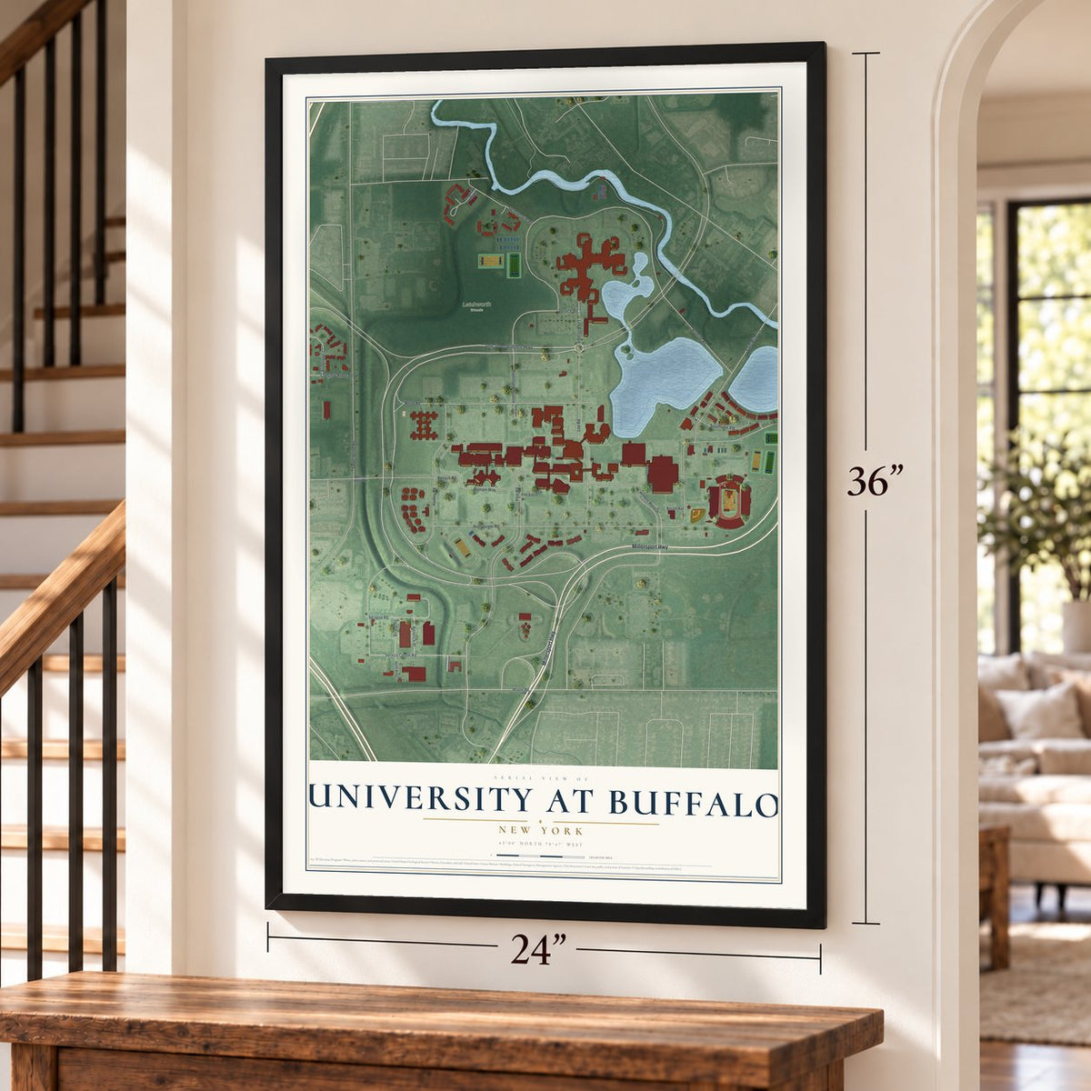 University at Buffalo, New York map, 24 x 36 inch print in a black frame by a staircase