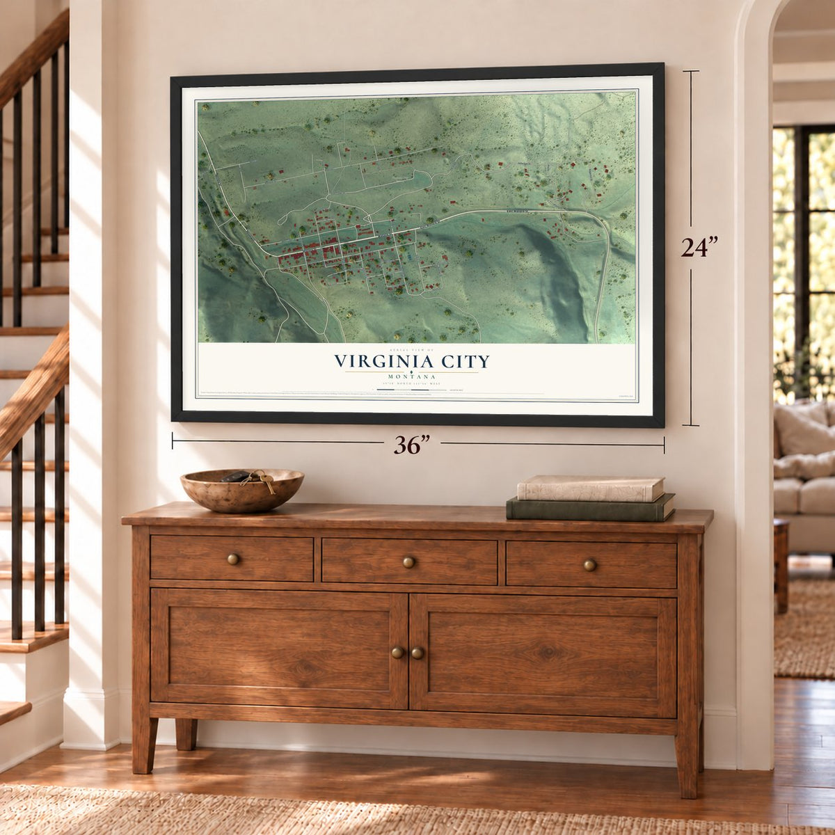 Virginia City, Montana map, 24 x 36 inch print in a black frame above a dresser by a staircase
