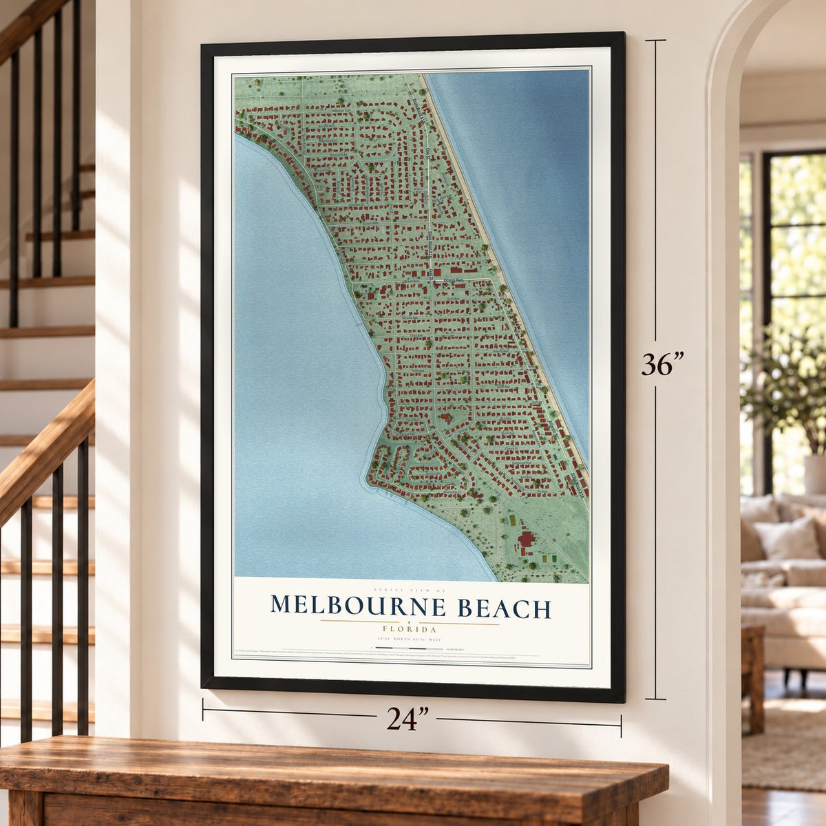 Melbourne Beach, Florida map, 24 x 36 inch print in a black frame by a staircase