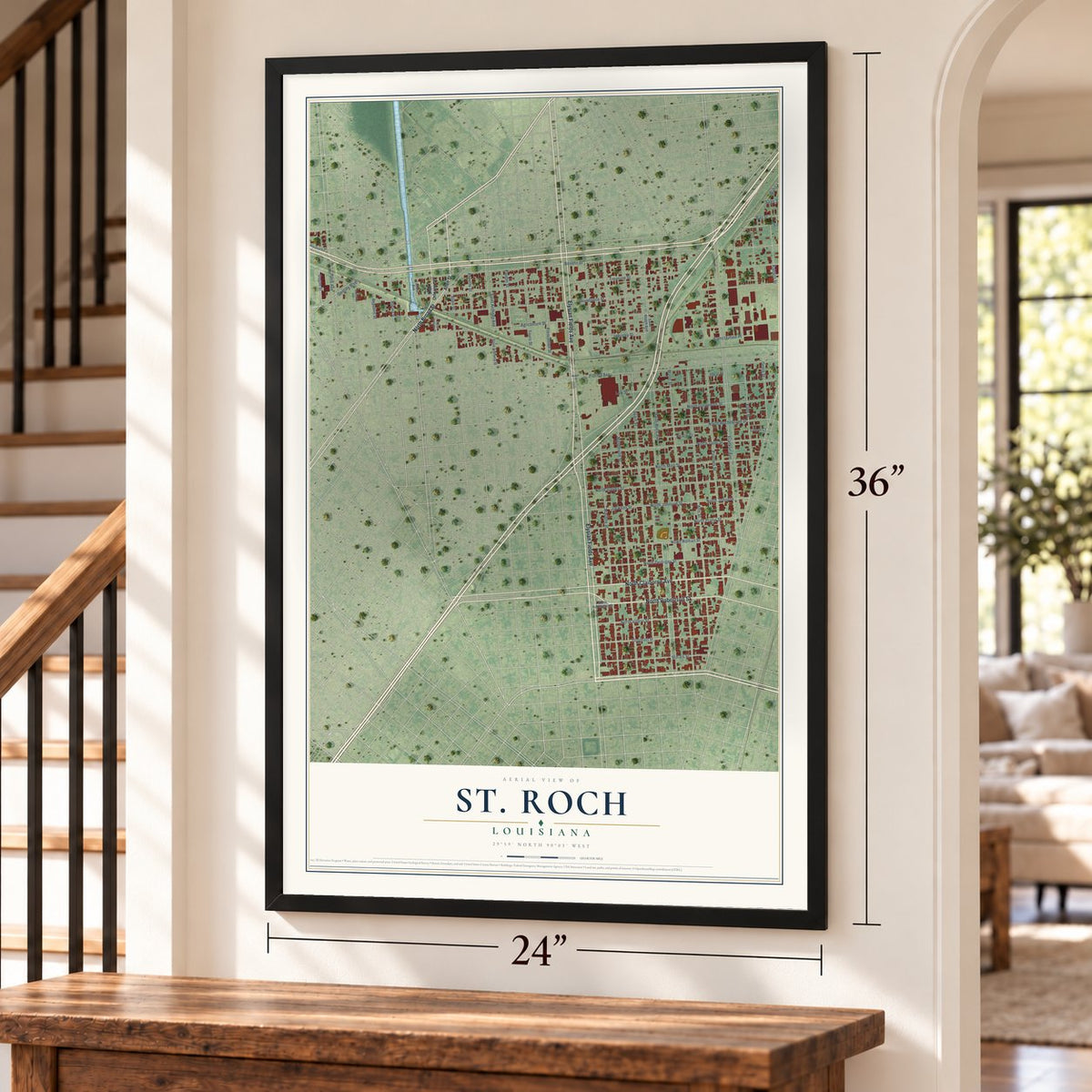 St. Roch, Louisiana map, 24 x 36 inch print in a black frame by a staircase