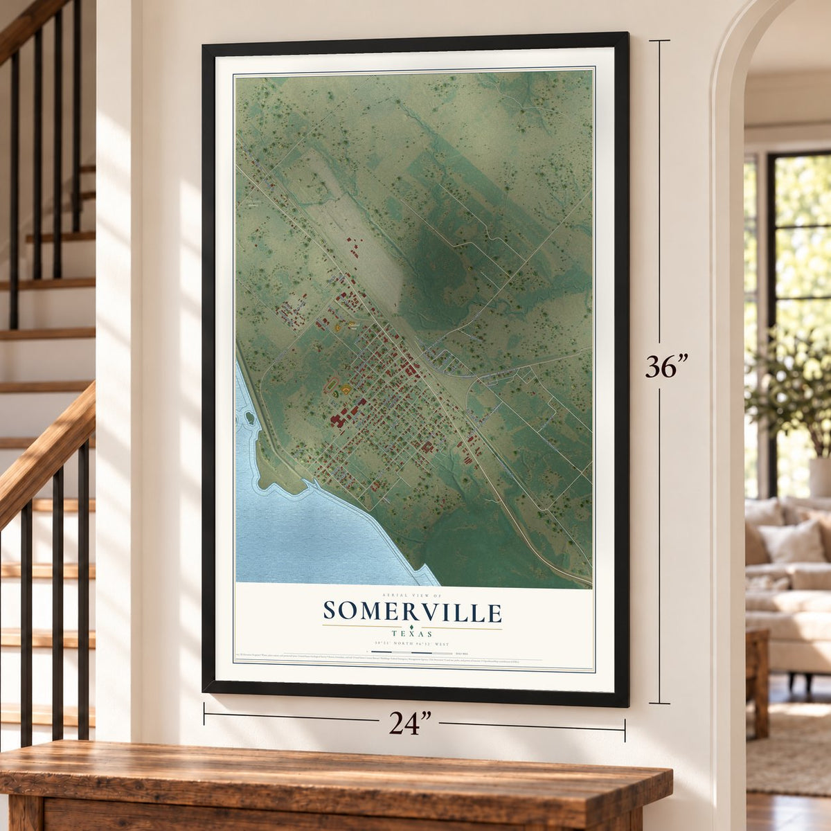 Somerville, Texas map, 24 x 36 inch print in a black frame by a staircase