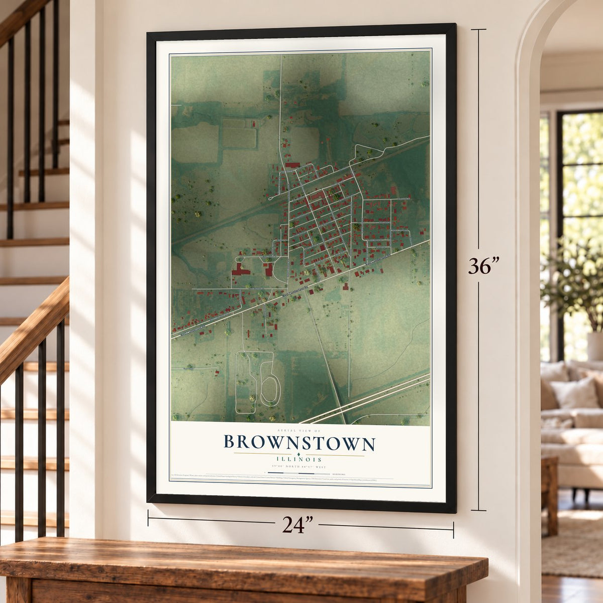 Brownstown, Illinois map, 24 x 36 inch print in a black frame by a staircase