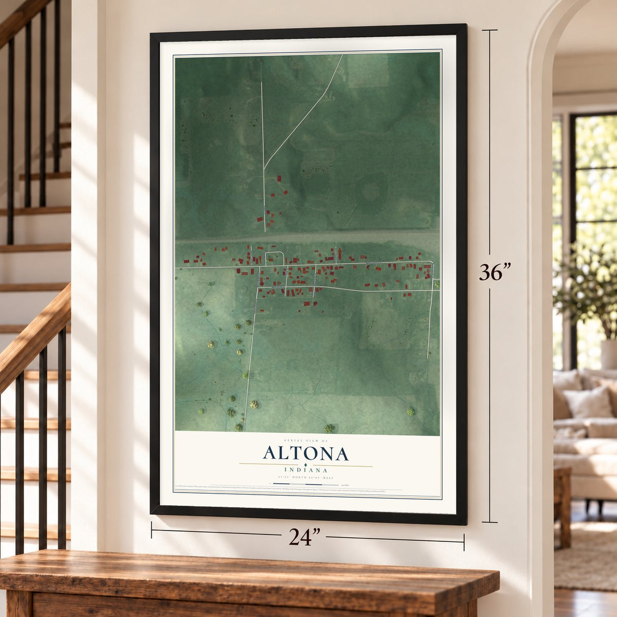 Altona, Indiana map, 24 x 36 inch print in a black frame by a staircase