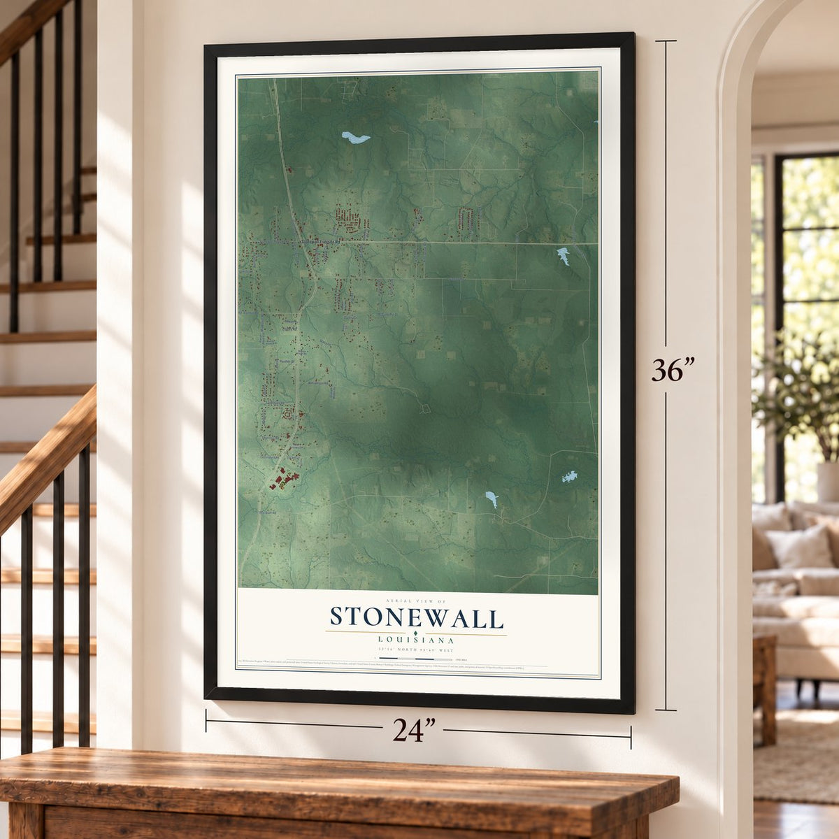 Stonewall, Louisiana map, 24 x 36 inch print in a black frame by a staircase