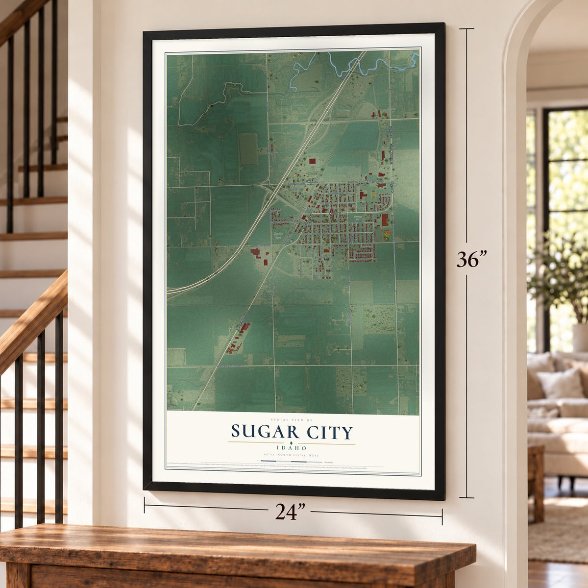 Sugar City, Idaho map, 24 x 36 inch print in a black frame by a staircase