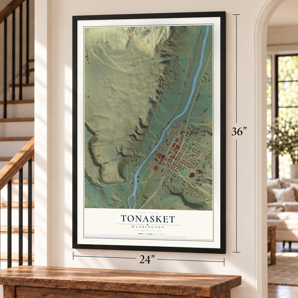 Tonasket, Washington map, 24 x 36 inch print in a black frame by a staircase
