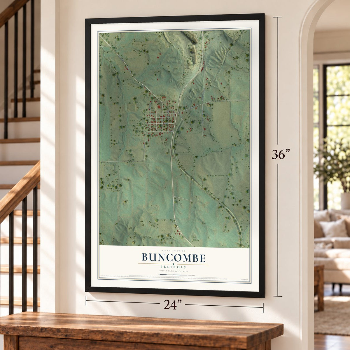 Buncombe, Illinois map, 24 x 36 inch print in a black frame by a staircase