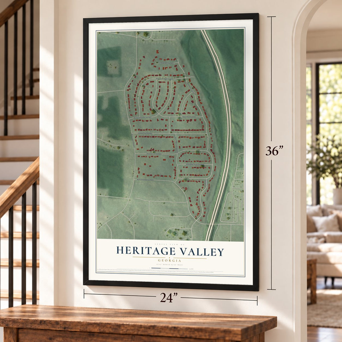 Heritage Valley, Georgia map, 24 x 36 inch print in a black frame by a staircase