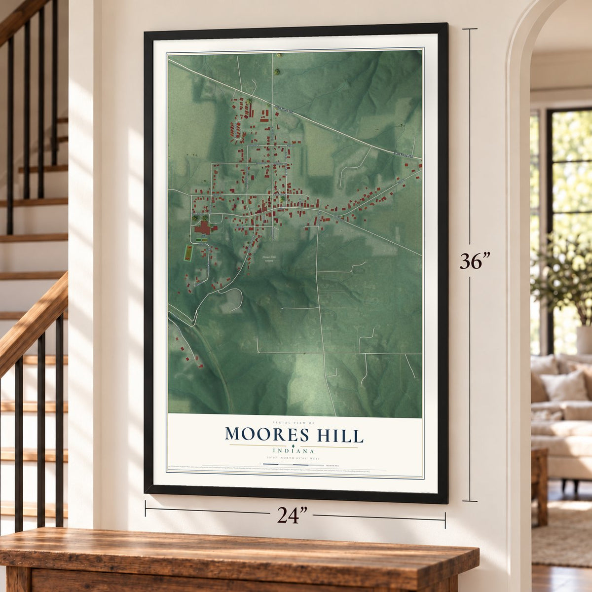 Moores Hill, Indiana map, 24 x 36 inch print in a black frame by a staircase