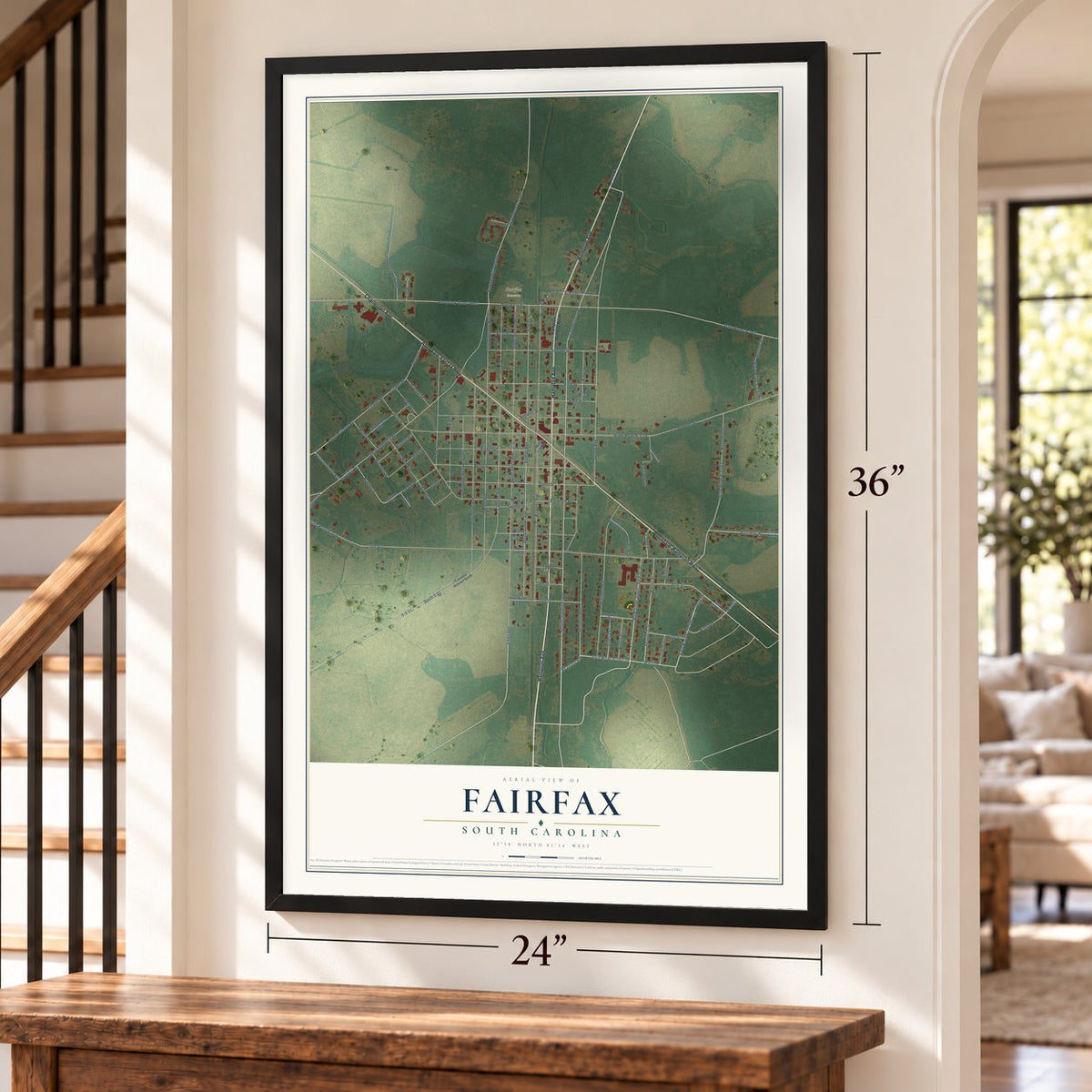 Fairfax, South Carolina map, 24 x 36 inch print in a black frame by a staircase