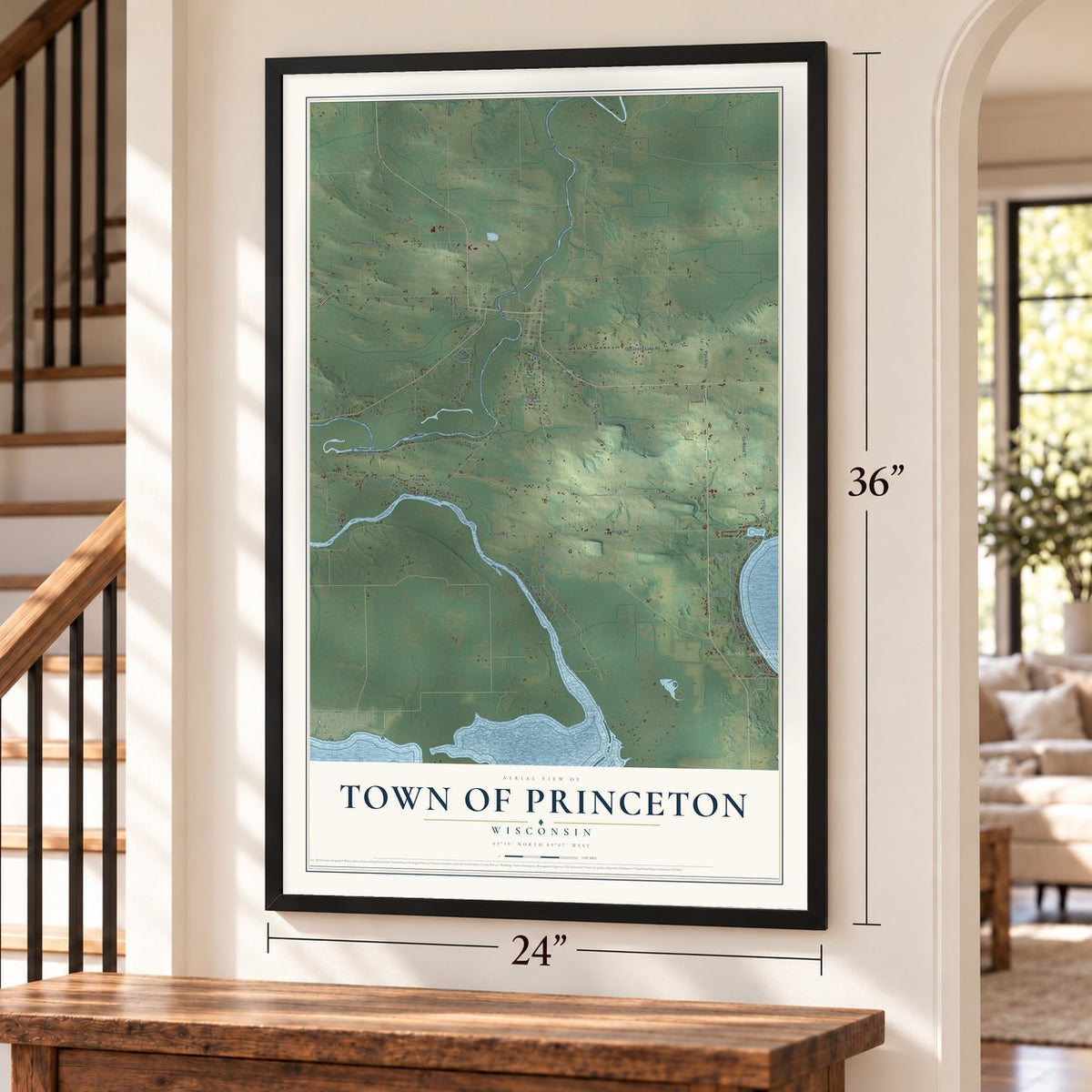 Town of Princeton, Wisconsin map, 24 x 36 inch print in a black frame by a staircase