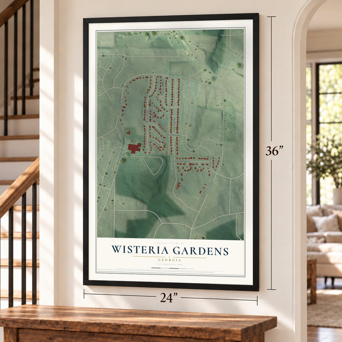 Wisteria Gardens, Georgia map, 24 x 36 inch print in a black frame by a staircase
