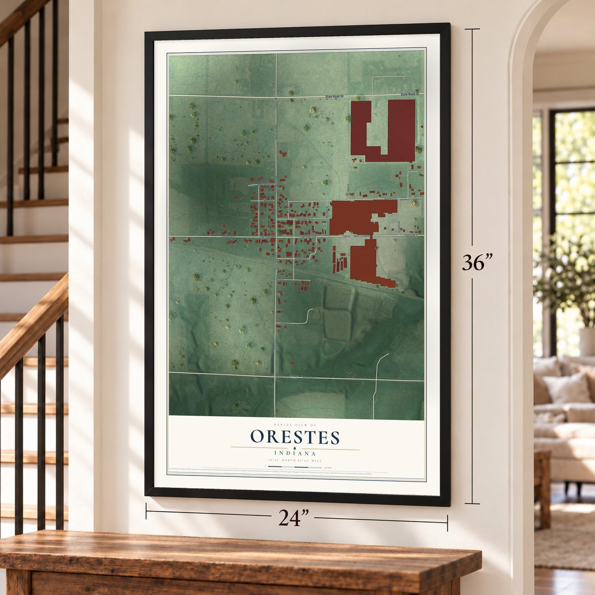 Orestes, Indiana map, 24 x 36 inch print in a black frame by a staircase