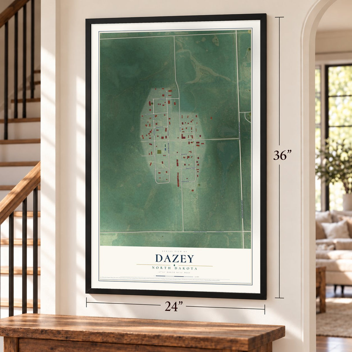 Dazey, North Dakota map, 24 x 36 inch print in a black frame by a staircase