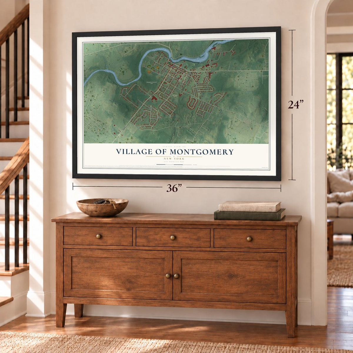 Village of Montgomery, New York map, 24 x 36 inch print in a black frame above a dresser by a staircase