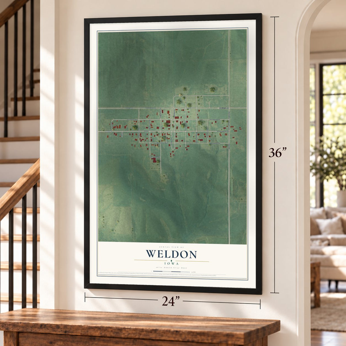 Weldon, Iowa map, 24 x 36 inch print in a black frame by a staircase