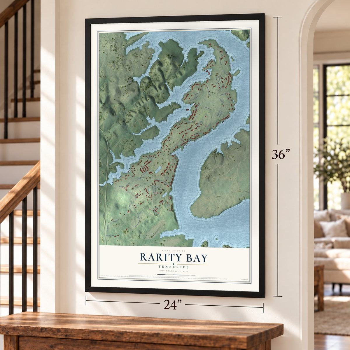 Rarity Bay, Tennessee map, 24 x 36 inch print in a black frame by a staircase