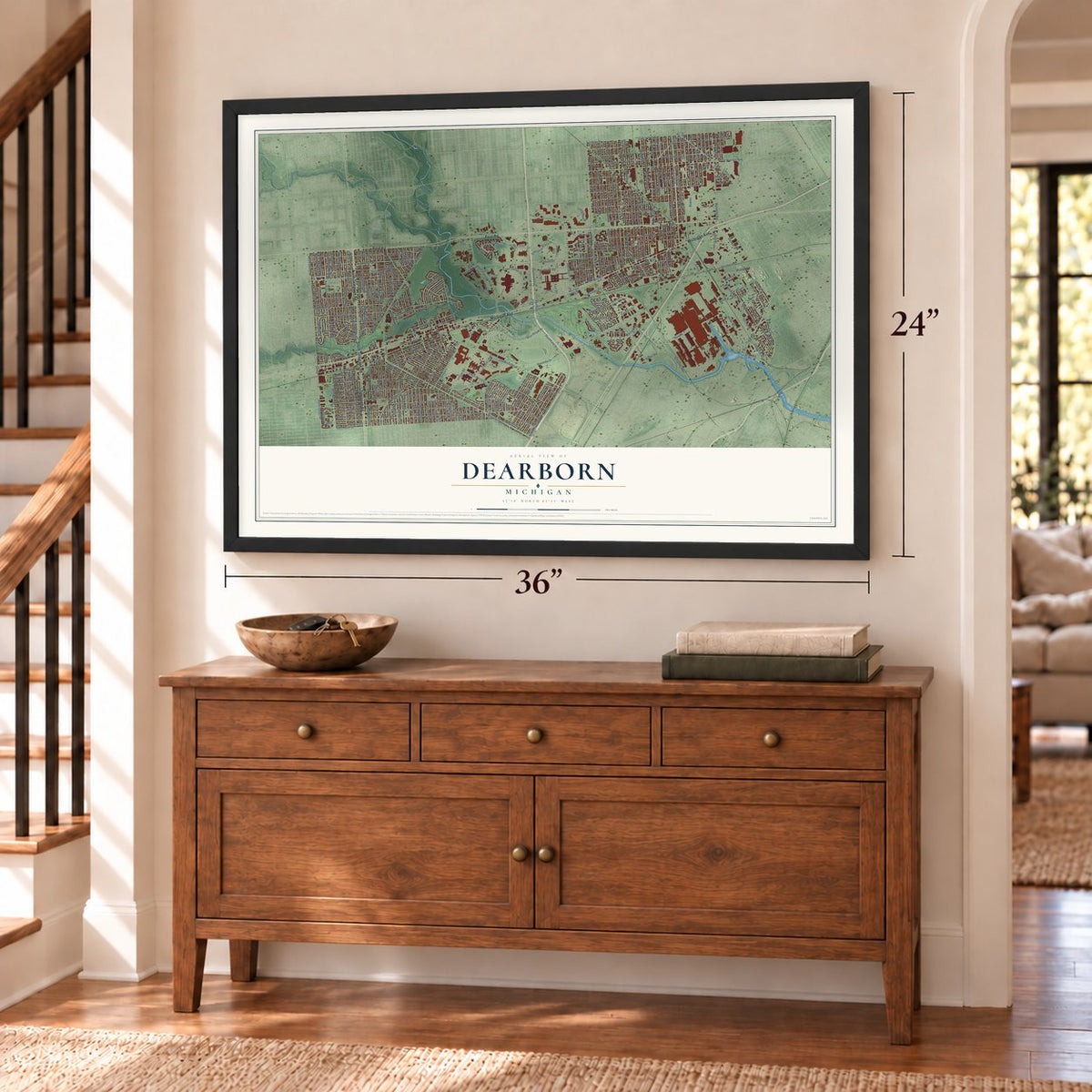 Dearborn, Michigan map, 24 x 36 inch print in a black frame above a dresser by a staircase
