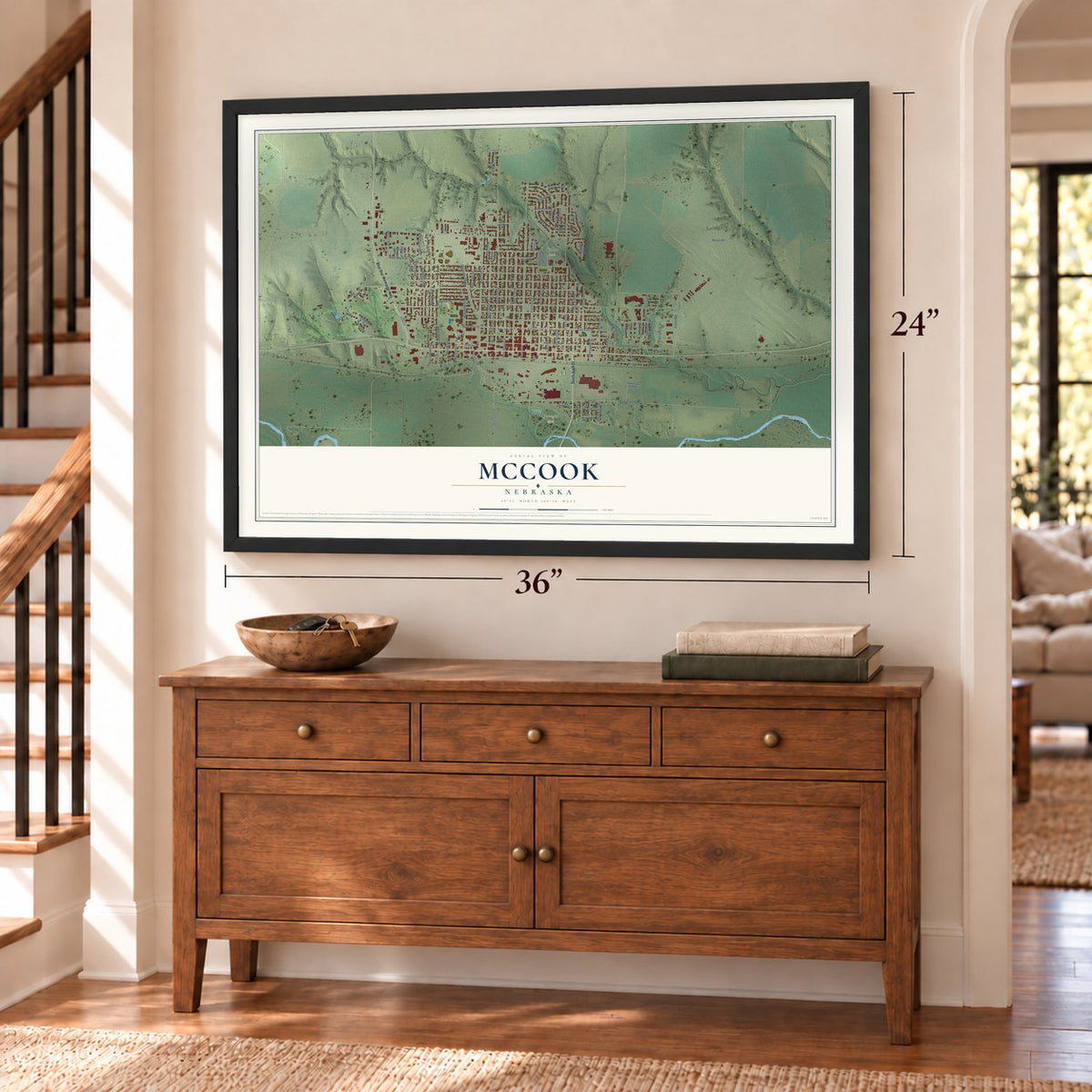 McCook, Nebraska map, 24 x 36 inch print in a black frame above a dresser by a staircase