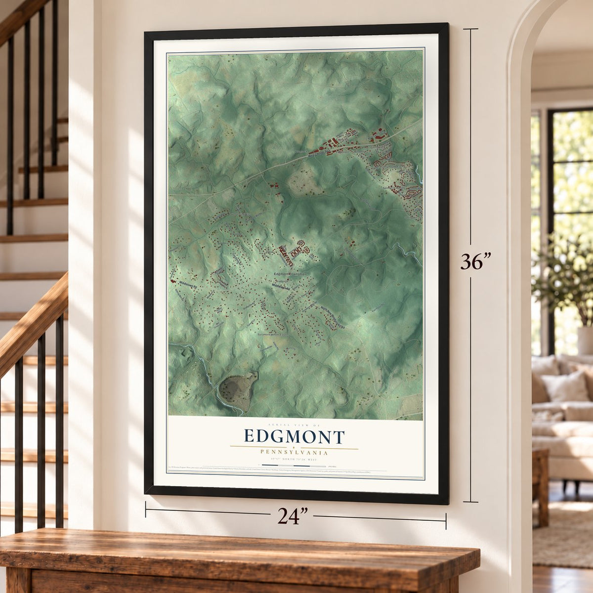 Edgmont, Pennsylvania map, 24 x 36 inch print in a black frame by a staircase