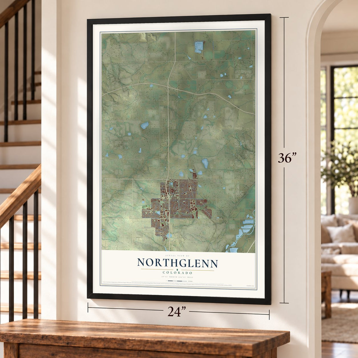 Northglenn, Colorado map, 24 x 36 inch print in a black frame by a staircase