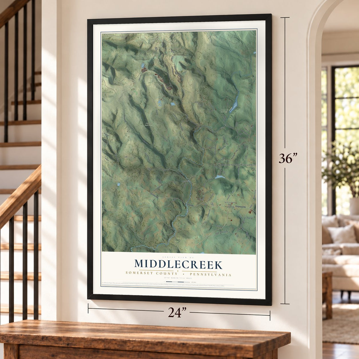 Middlecreek, Somerset County, Pennsylvania map, 24 x 36 inch print in a black frame by a staircase