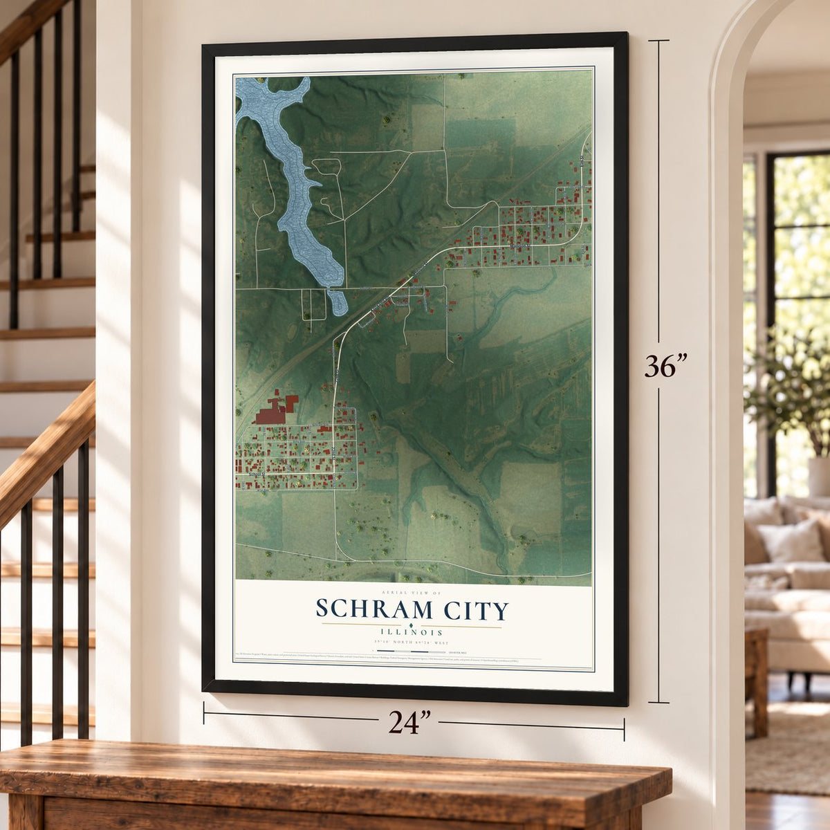 Schram City, Illinois map, 24 x 36 inch print in a black frame by a staircase