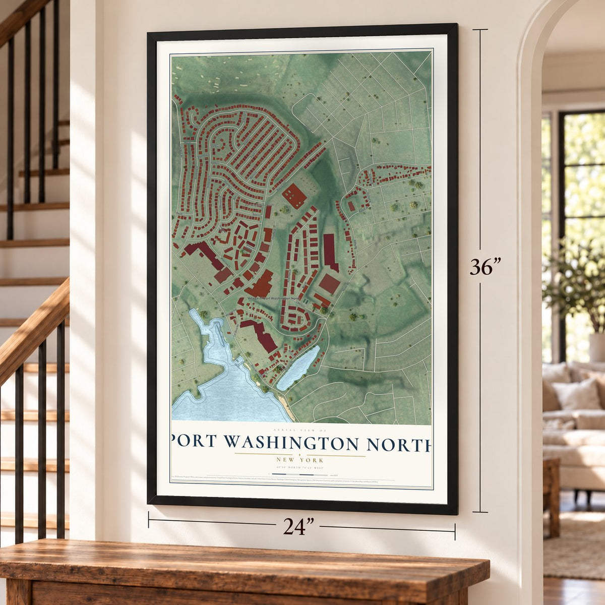 Port Washington North, New York map, 24 x 36 inch print in a black frame by a staircase