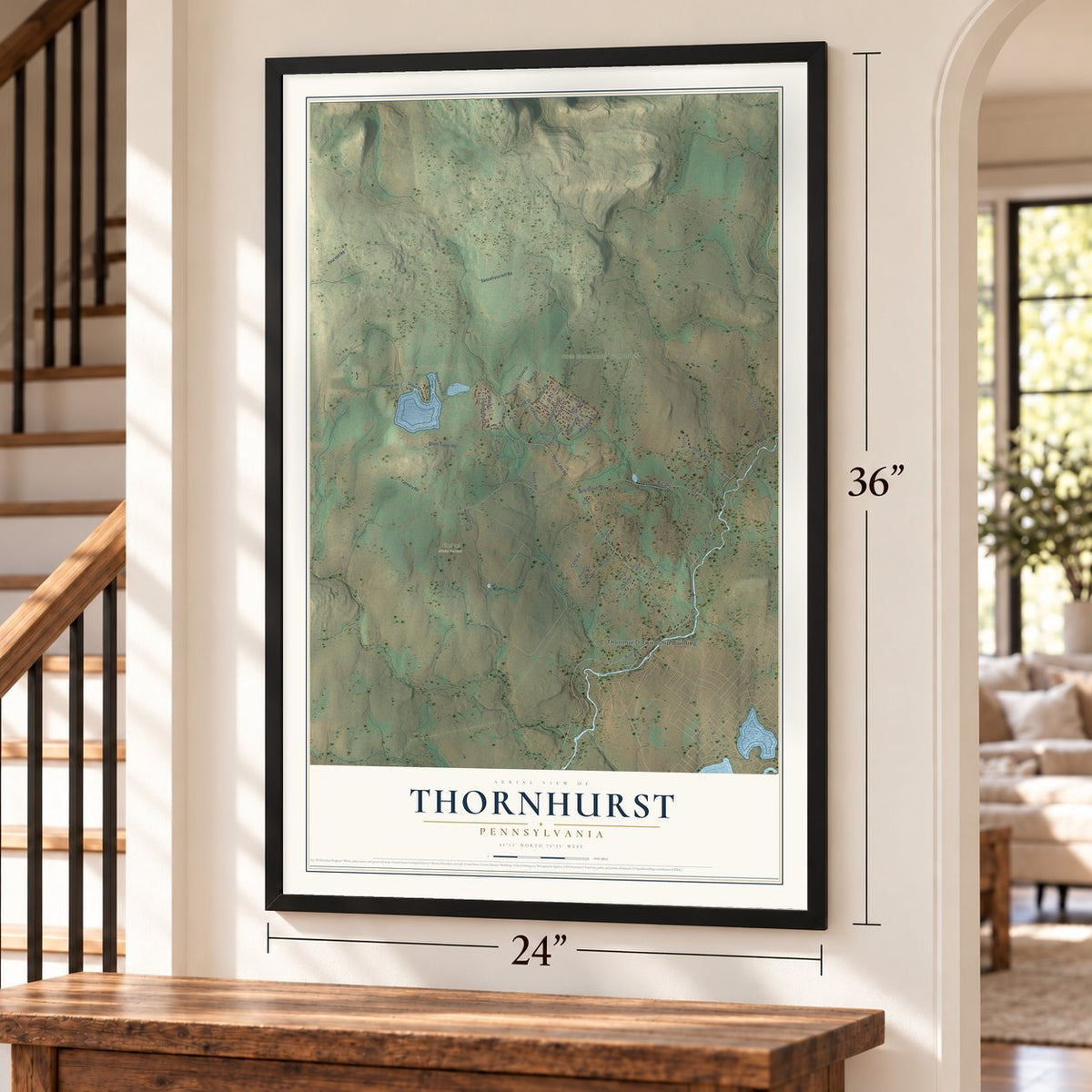 Thornhurst, Pennsylvania map, 24 x 36 inch print in a black frame by a staircase