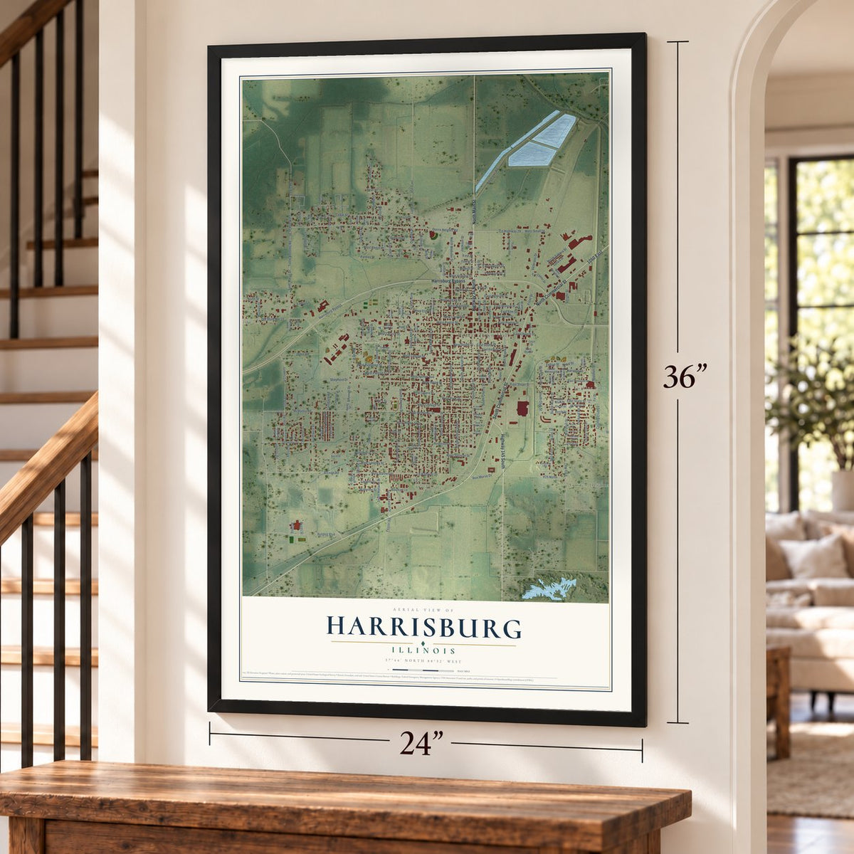 Harrisburg, Illinois map, 24 x 36 inch print in a black frame by a staircase