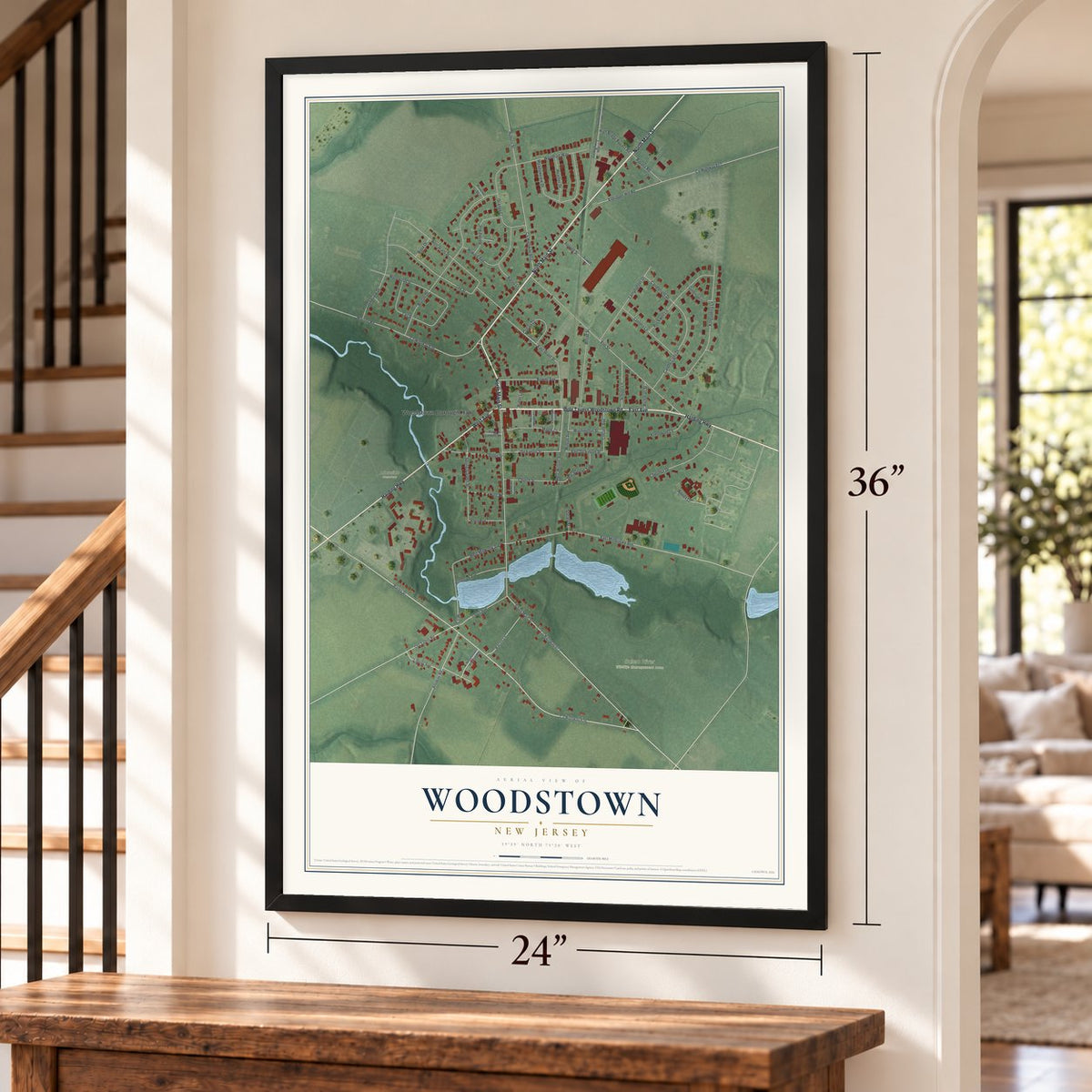 Woodstown, New Jersey map, 24 x 36 inch print in a black frame by a staircase