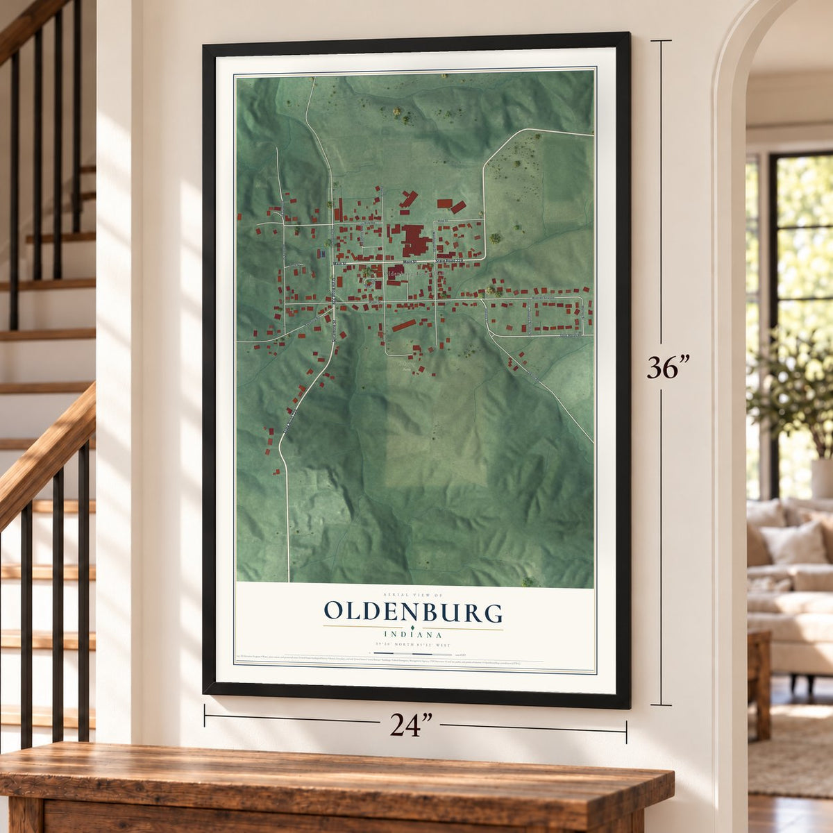 Oldenburg, Indiana map, 24 x 36 inch print in a black frame by a staircase