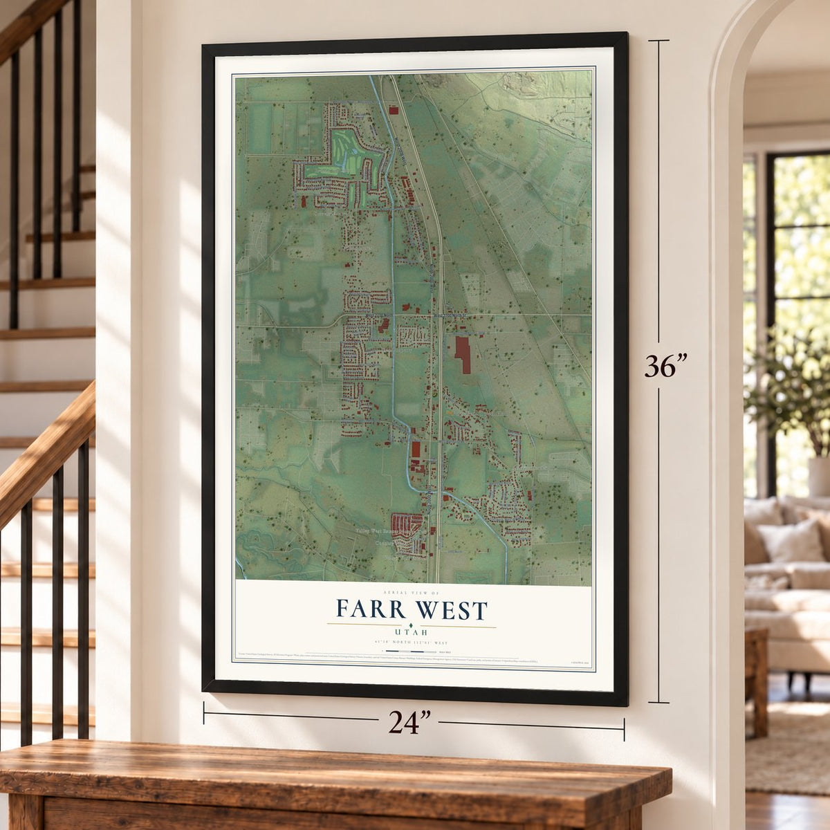 Farr West, Utah map, 24 x 36 inch print in a black frame by a staircase