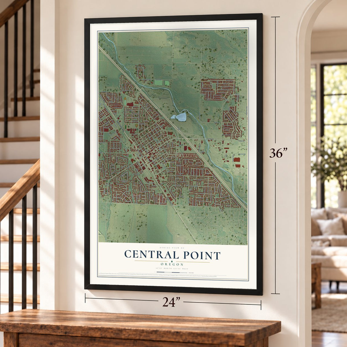 Central Point, Oregon map, 24 x 36 inch print in a black frame by a staircase
