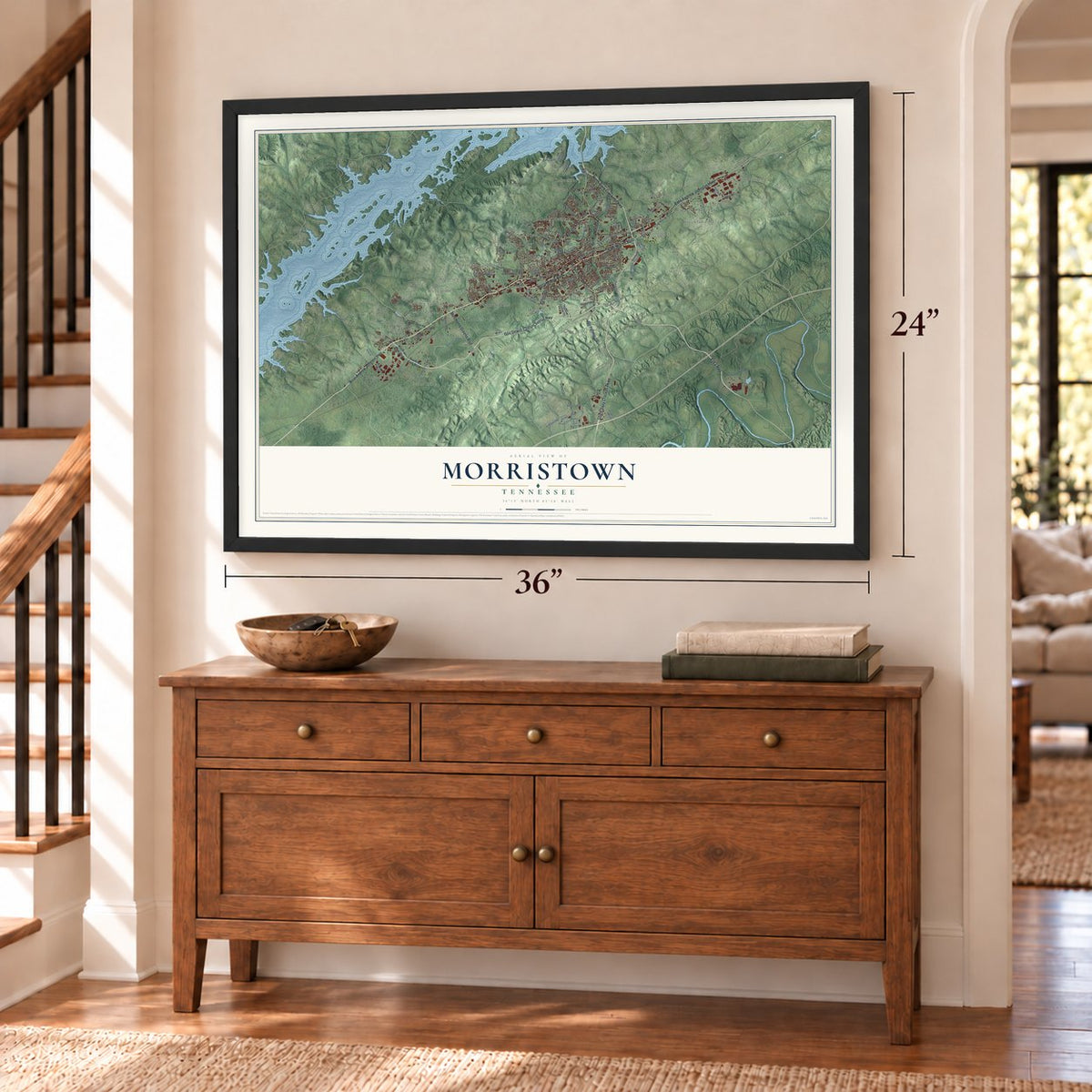 Morristown, Tennessee map, 24 x 36 inch print in a black frame above a dresser by a staircase