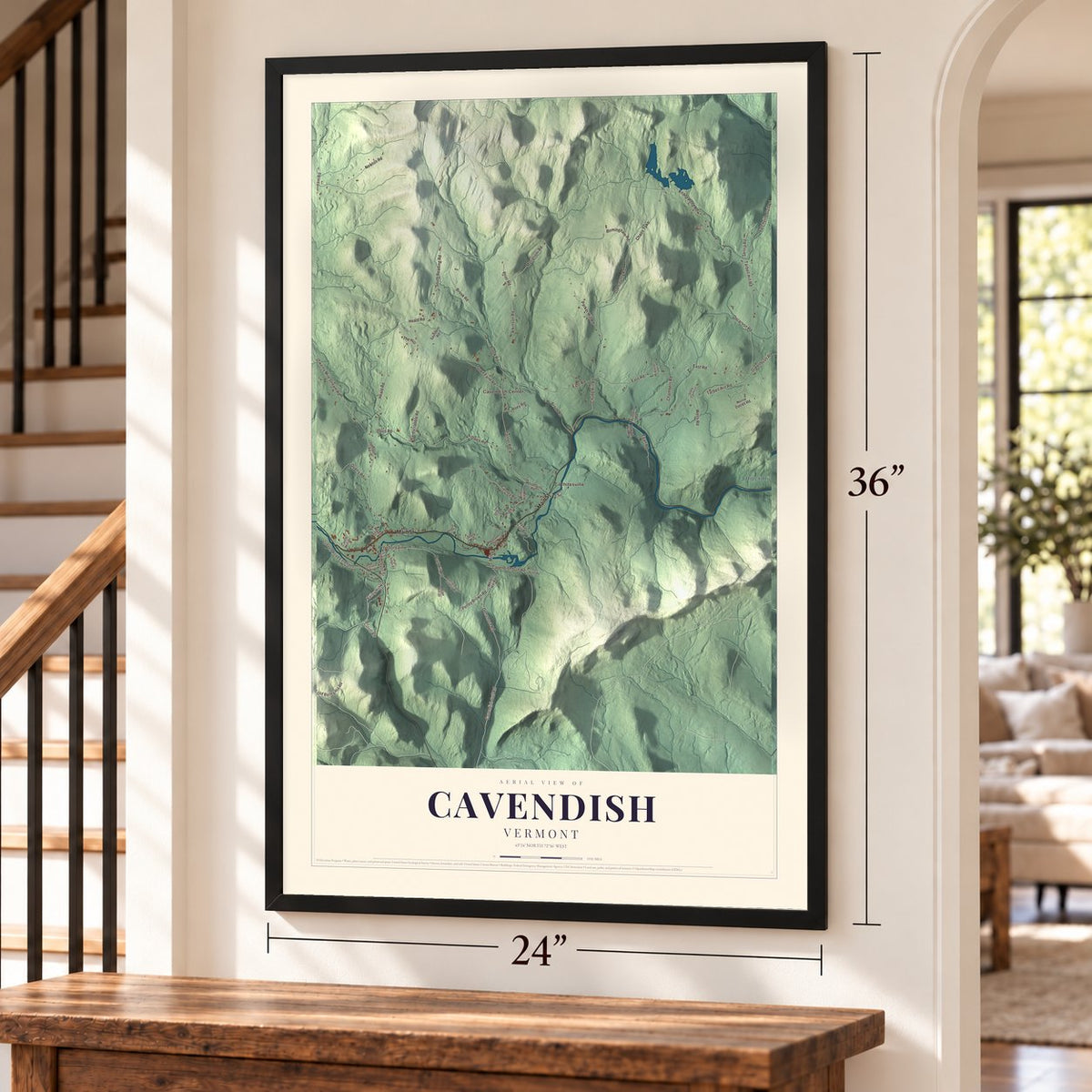Cavendish, Vermont map, 24 x 36 inch print in a black frame by a staircase