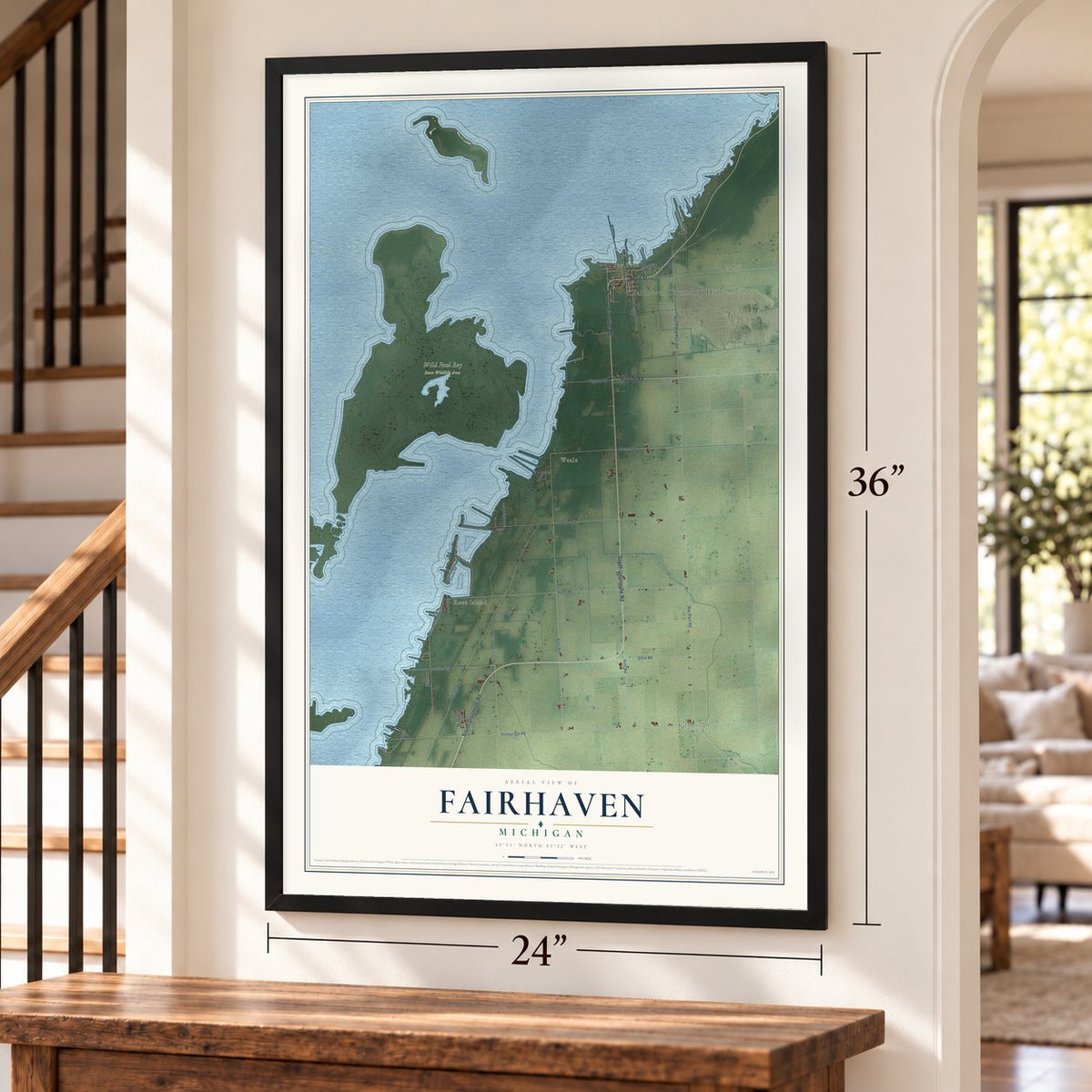 Fairhaven, Michigan map, 24 x 36 inch print in a black frame by a staircase