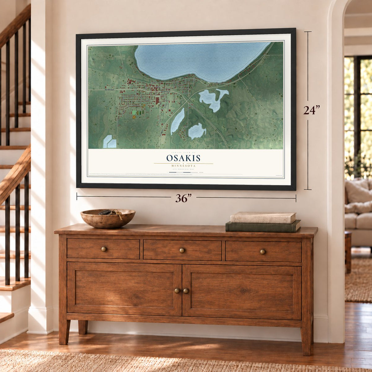 Osakis, Minnesota map, 24 x 36 inch print in a black frame above a dresser by a staircase