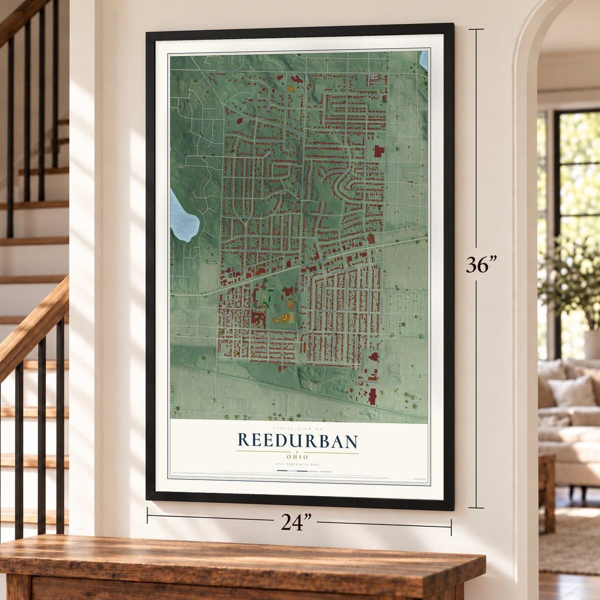 Reedurban, Ohio map, 24 x 36 inch print in a black frame by a staircase