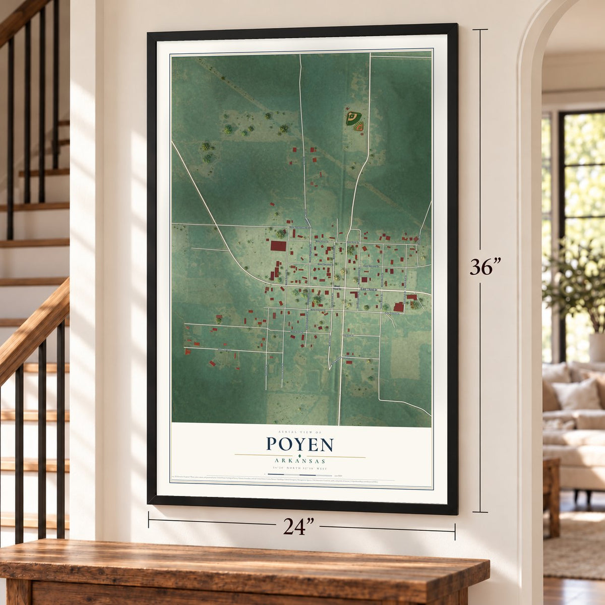 Poyen, Arkansas map, 24 x 36 inch print in a black frame by a staircase