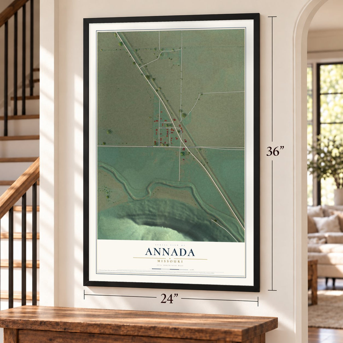 Annada, Missouri map, 24 x 36 inch print in a black frame by a staircase