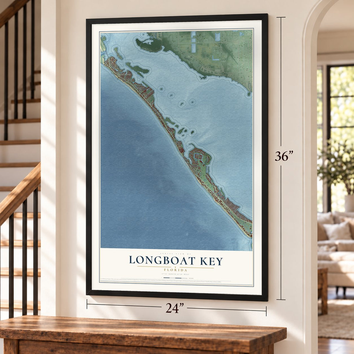 Longboat Key, Florida map, 24 x 36 inch print in a black frame by a staircase