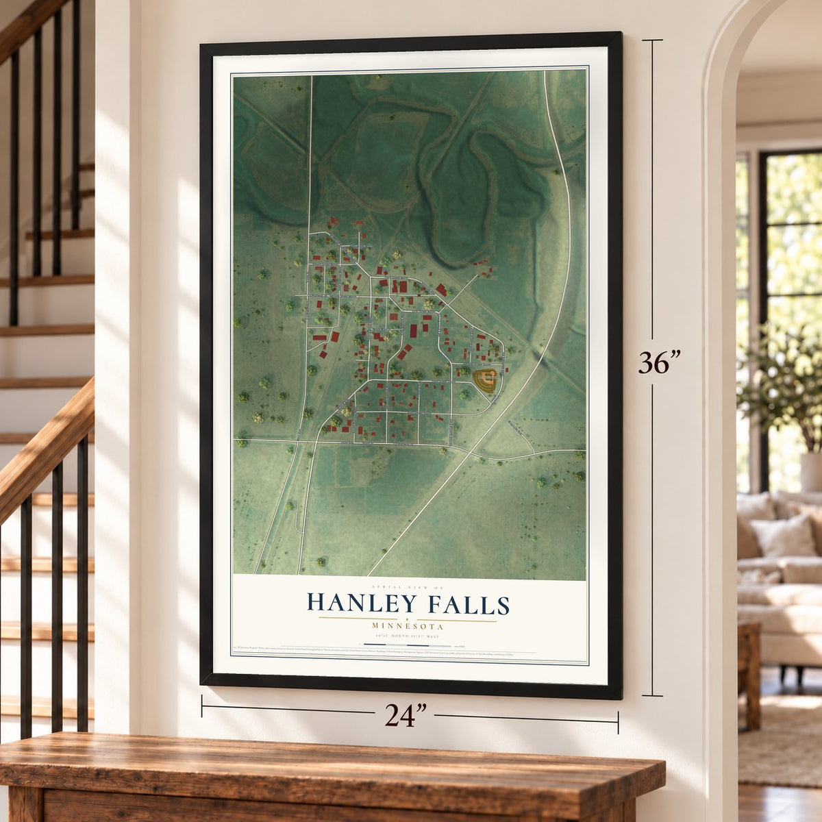 Hanley Falls, Minnesota map, 24 x 36 inch print in a black frame by a staircase