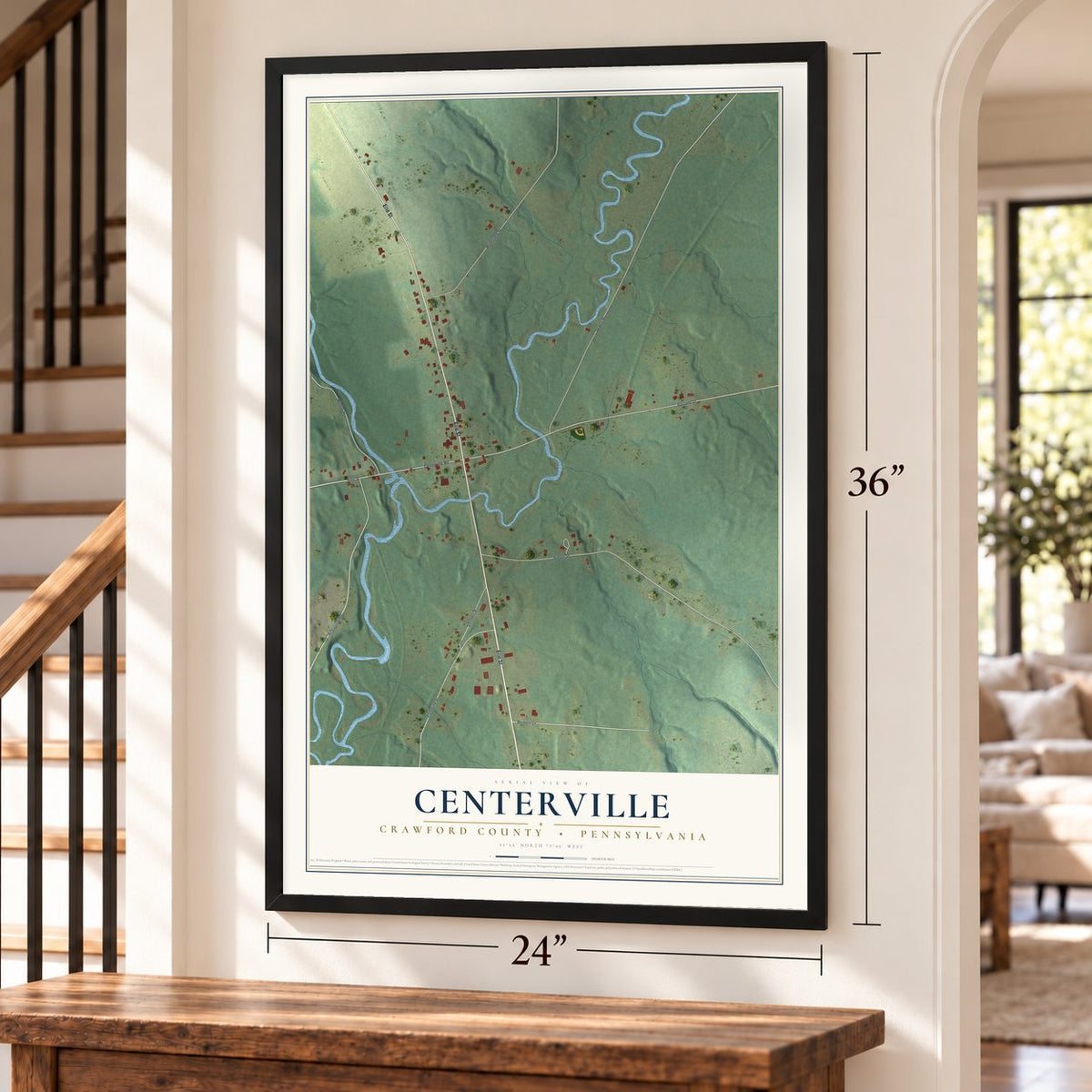 Centerville, Crawford County, Pennsylvania map, 24 x 36 inch print in a black frame by a staircase