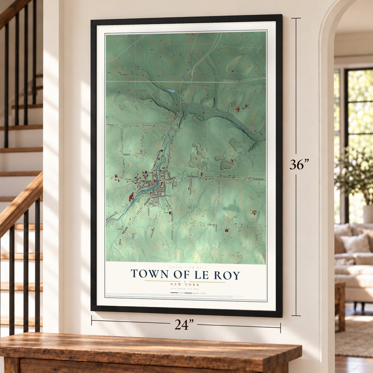 Town of Le Roy, New York map, 24 x 36 inch print in a black frame by a staircase