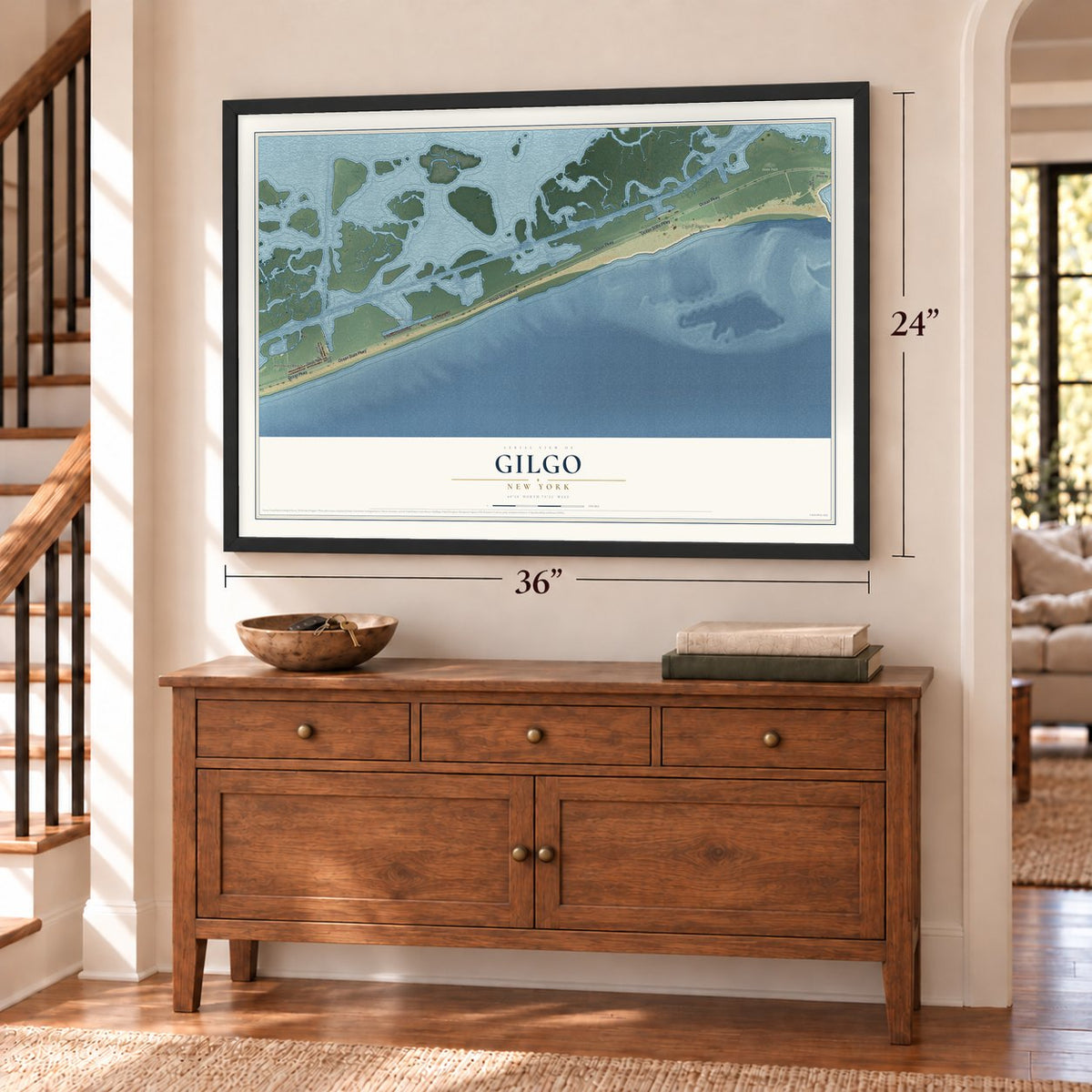 Gilgo, New York map, 24 x 36 inch print in a black frame above a dresser by a staircase