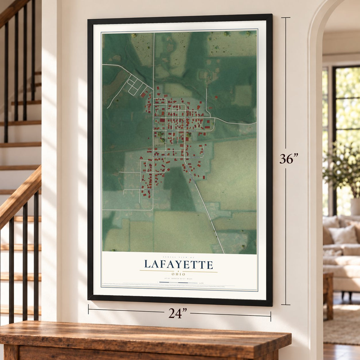 Lafayette, Ohio map, 24 x 36 inch print in a black frame by a staircase
