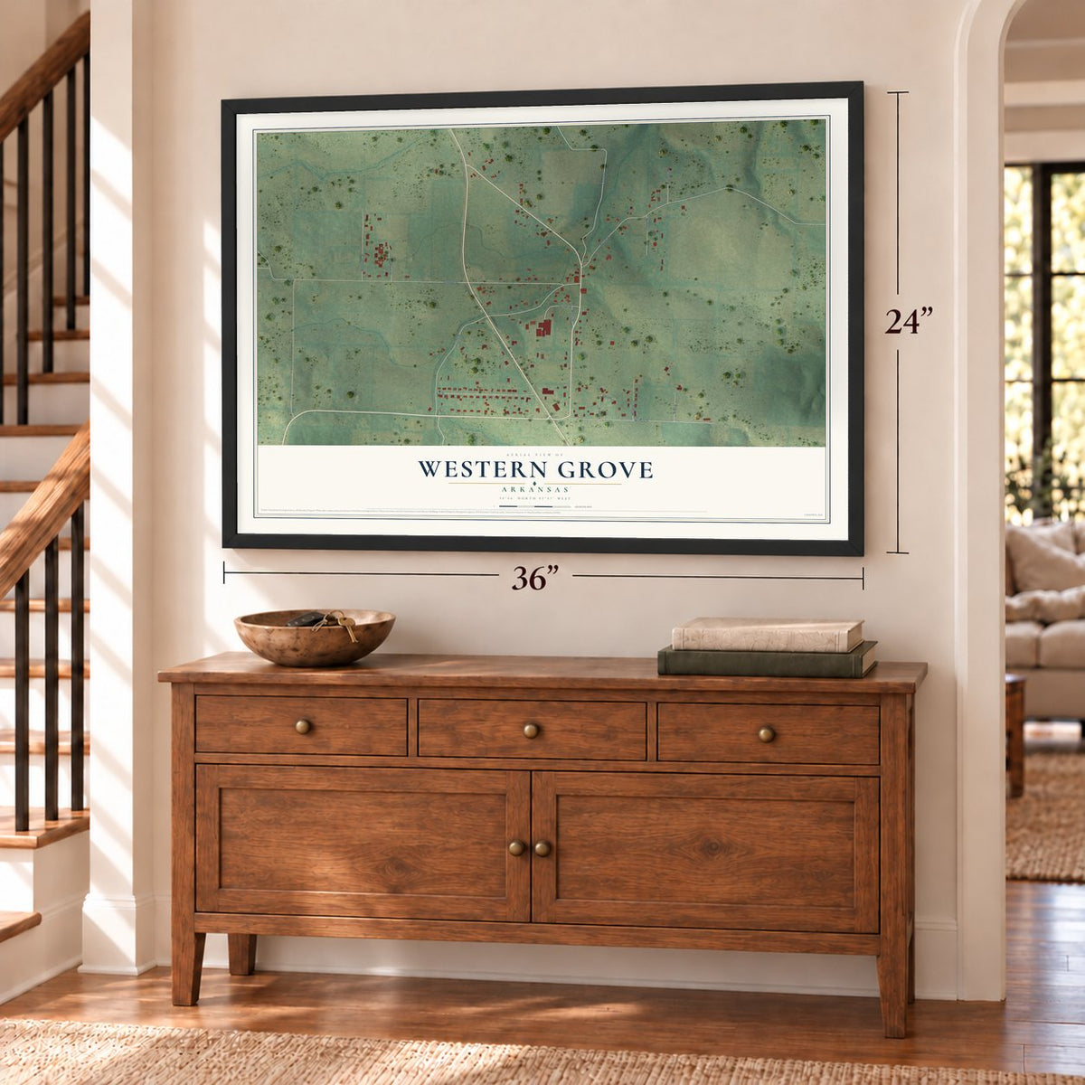 Western Grove, Arkansas map, 24 x 36 inch print in a black frame above a dresser by a staircase